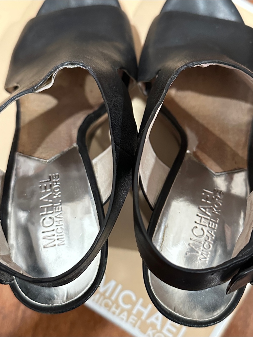 Michael Kors Josephine Black Leather Open-Toe Wedge Sandal with Brown Platform - Picture 3 of 10